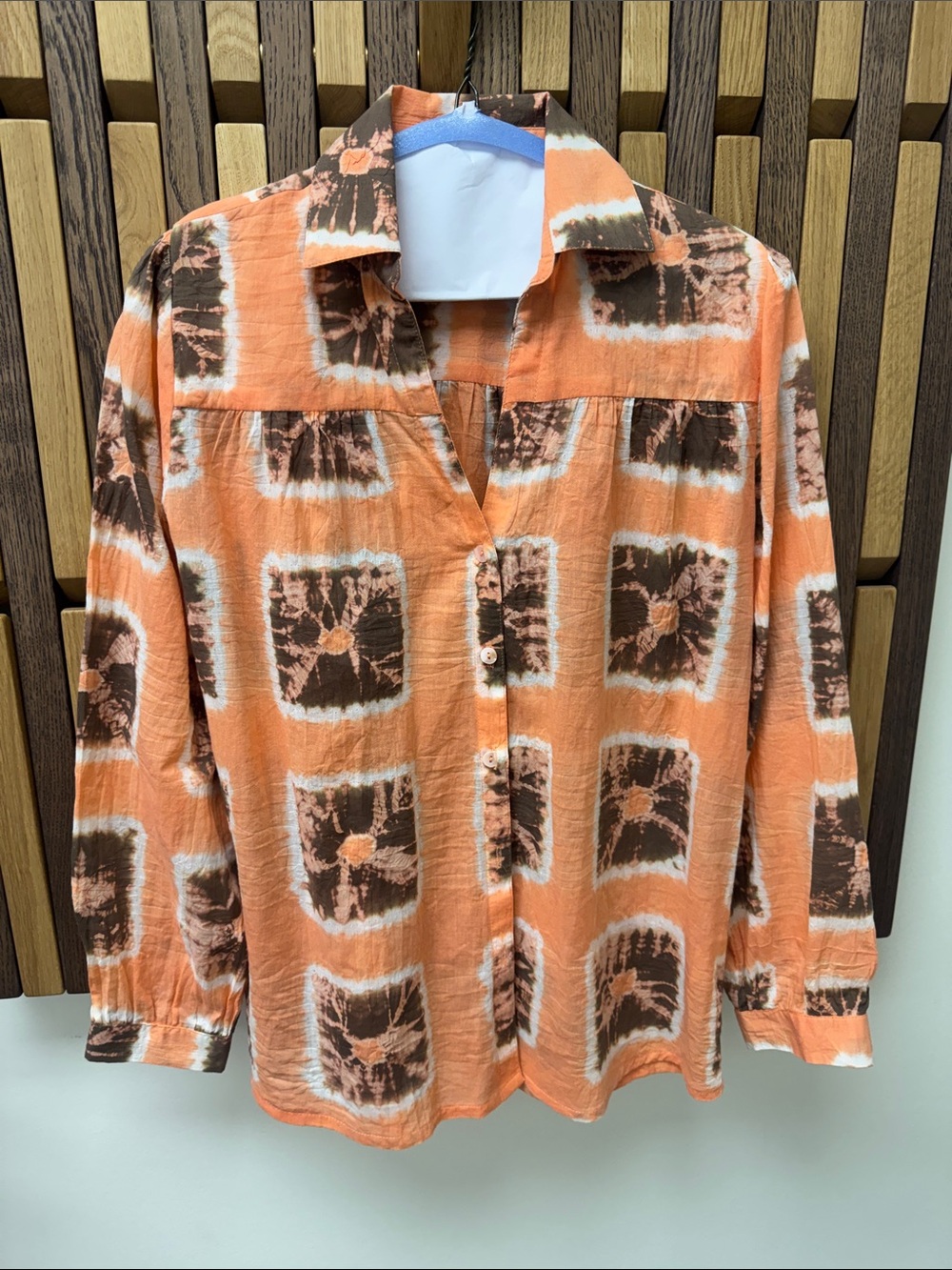 Ex Voto Block Print 100% Cotton Button Down Shirt, size XS